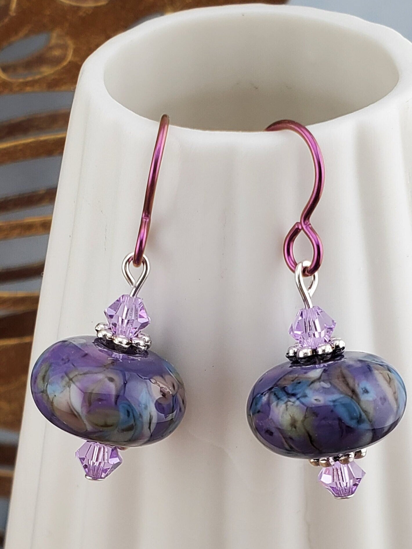 Purple Royalty Artisan Glass Earrings, Lampwork Glass Bead by a talented artisan, Niobium Earring Wire