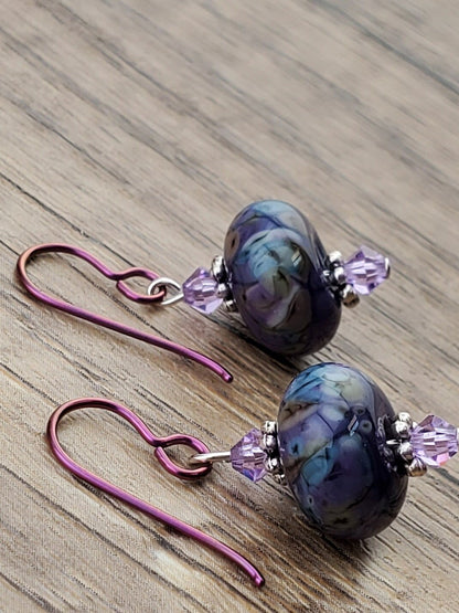 Purple Royalty Artisan Glass Earrings, Lampwork Glass Bead by a talented artisan, Niobium Earring Wire