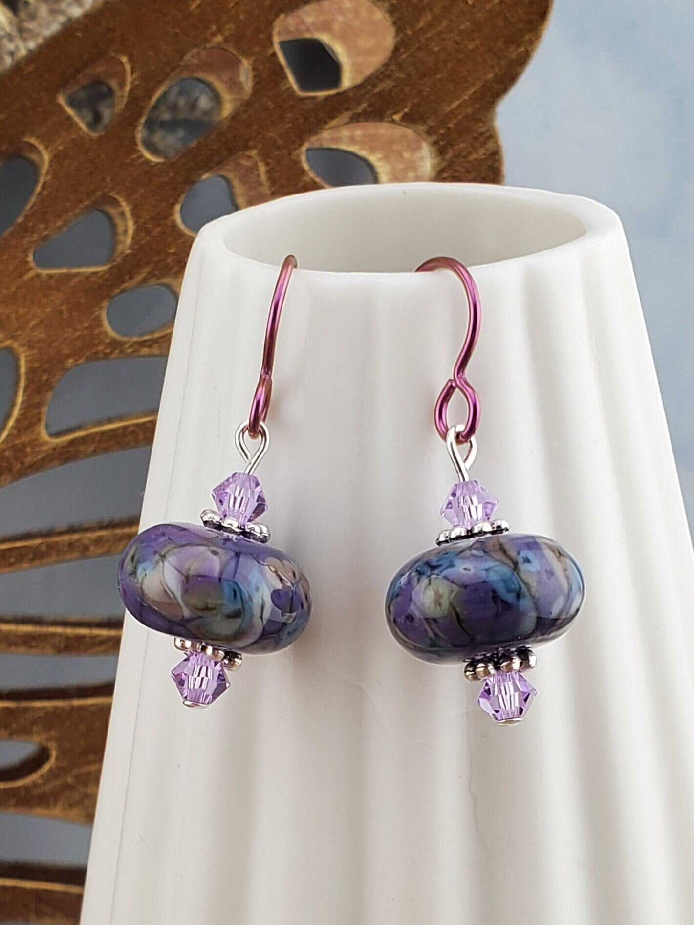 Purple Royalty Artisan Glass Earrings, Lampwork Glass Bead by a talented artisan, Niobium Earring Wire