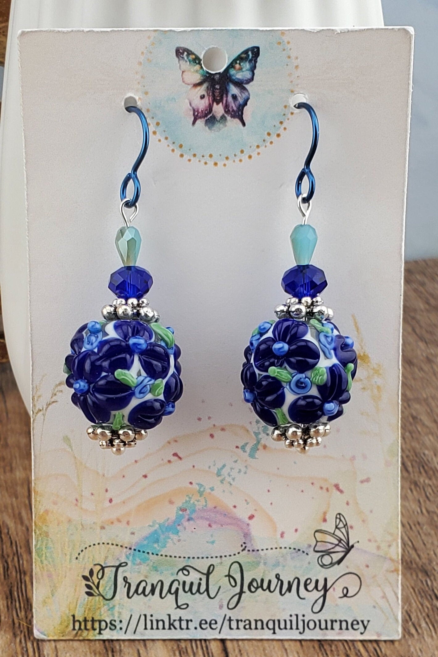 Blooming Drop Flower Artisan Glass Earrings, Lampwork Glass Bead by a talented artisan, Niobium Earring Wire