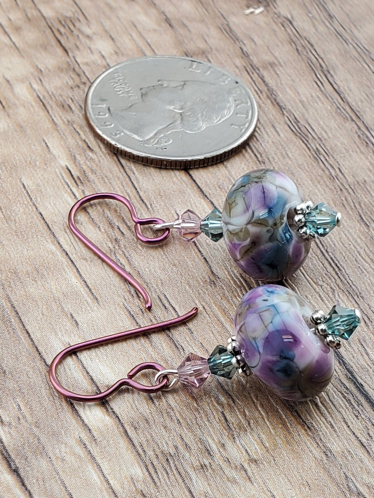 Denim and Bows Artisan Glass Earrings, Lampwork Glass Bead by a talented artisan, Niobium Earring Wire