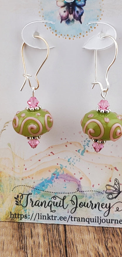 Cheeky Olive Artisan Glass Earrings, Lampwork Glass Bead by a talented artisan, Silver Filled Kidney Earring Wire