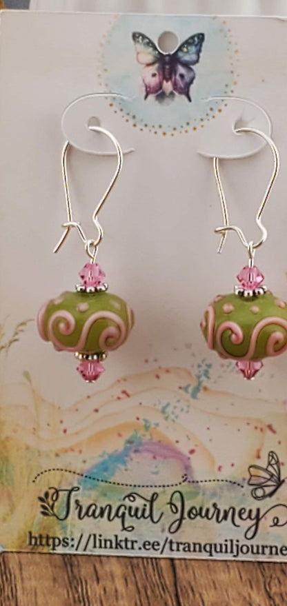 Pinkie Pie Artisan Glass Earrings, Lampwork Glass Bead by a talented artisan, Silver Filled Kidney Earring Wire