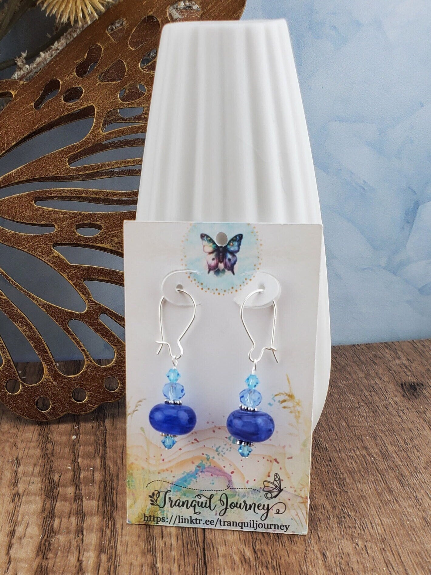 Blustery Blue Artisan Glass Earrings, Lampwork Glass Bead by a talented artisan, Silver Filled Kidney Earring Wire