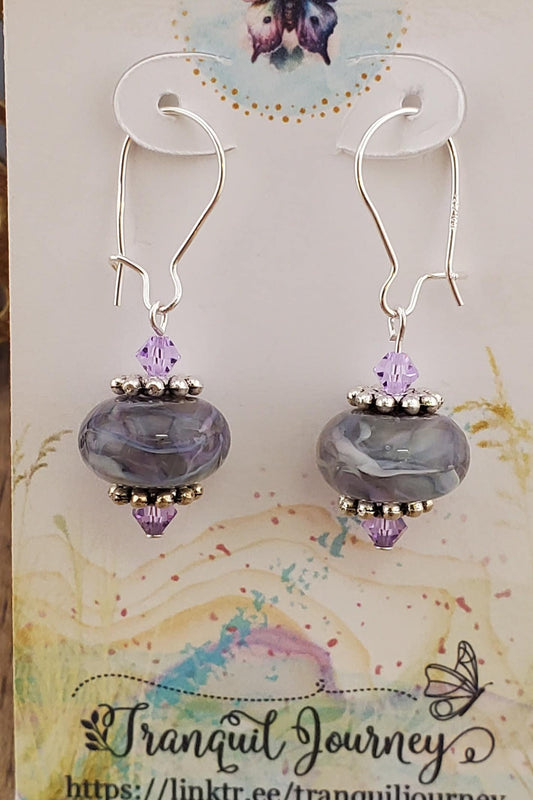 Purple Dreams Artisan Glass Earrings, Lampwork Glass Bead by a talented artisan, Silver Filled Kidney Earring Wire