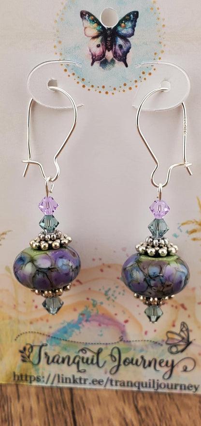 Kaleidoscope Artisan Glass Earrings, Lampwork Glass Bead by a talented artisan, Silver Filled Kidney Earring Wire