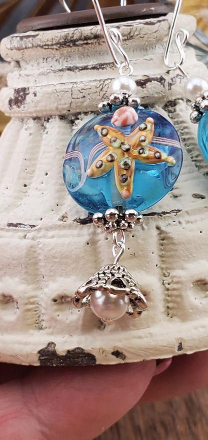 Under the Sea Artisan Glass Earrings, Lampwork Glass Bead handcrafted by a talented artisan, Silver Filled Earring Wire