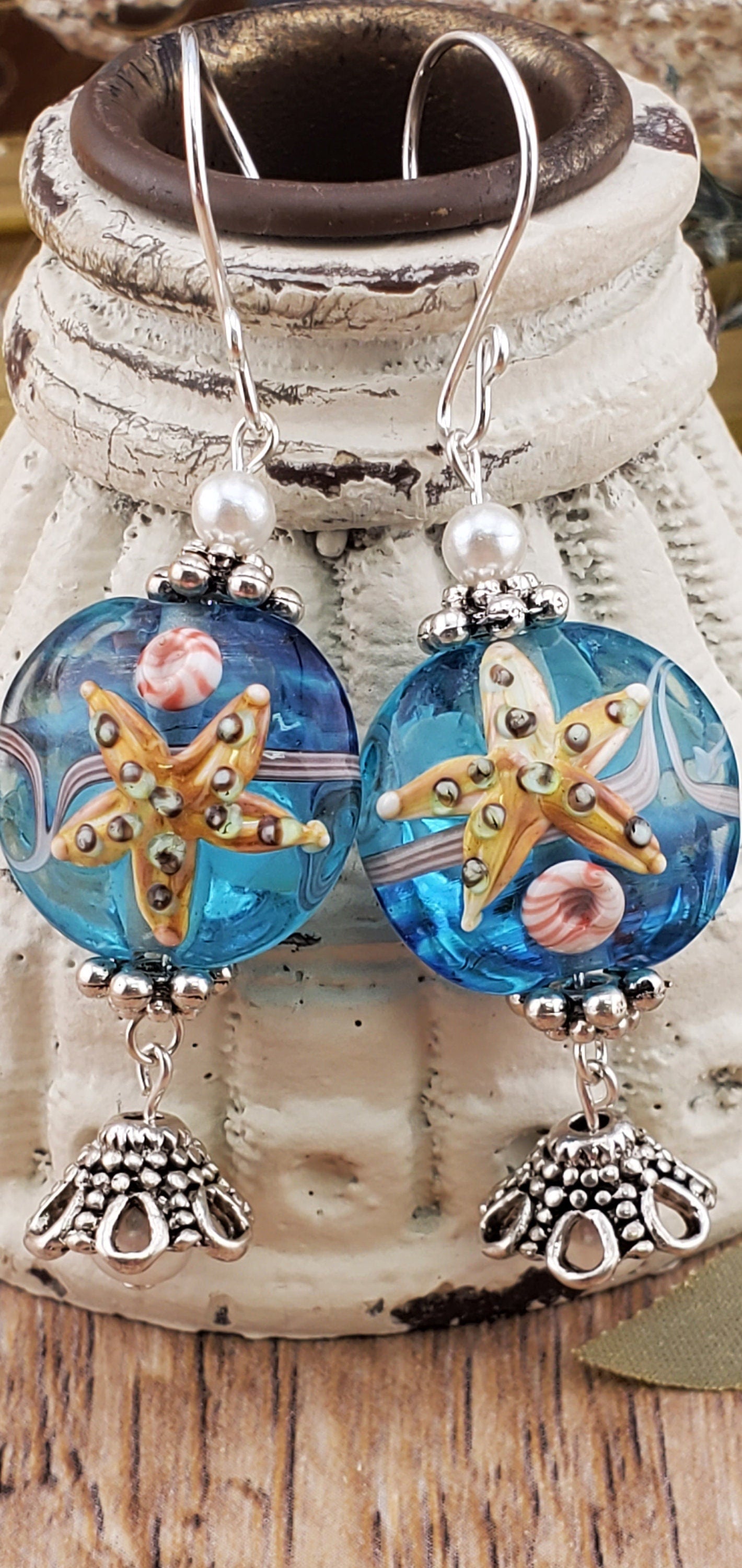 Under the Sea Artisan Glass Earrings, Lampwork Glass Bead handcrafted by a talented artisan, Silver Filled Earring Wire