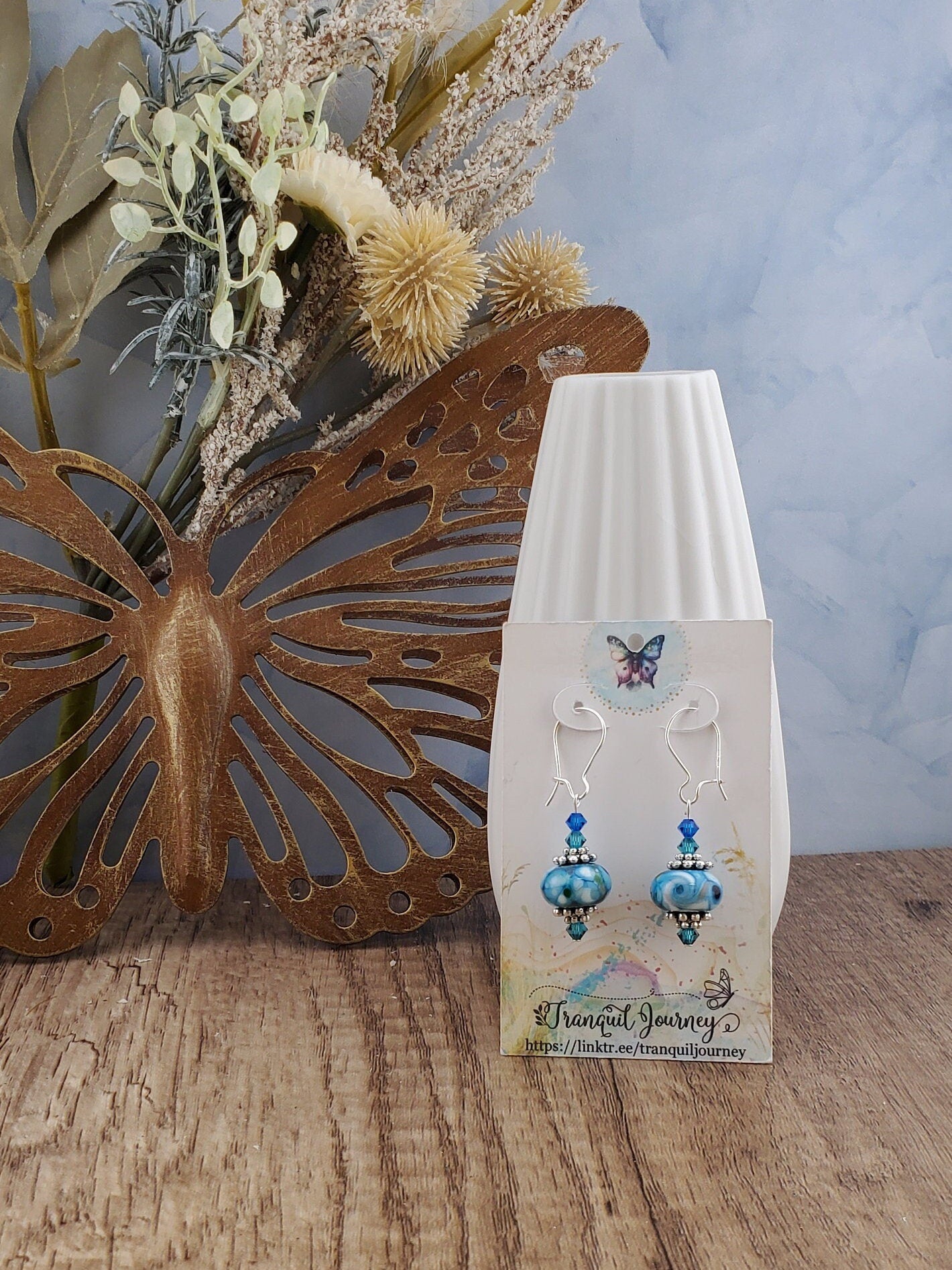 Lost in the Clouds Artisan Glass Earrings, Lampwork Glass Bead by a talented artisan, Silver Filled Kidney Earring Wire