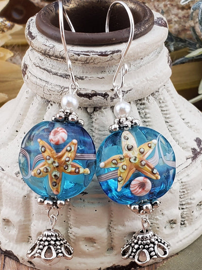 Under the Sea Artisan Glass Earrings, Lampwork Glass Bead handcrafted by a talented artisan, Silver Filled Earring Wire