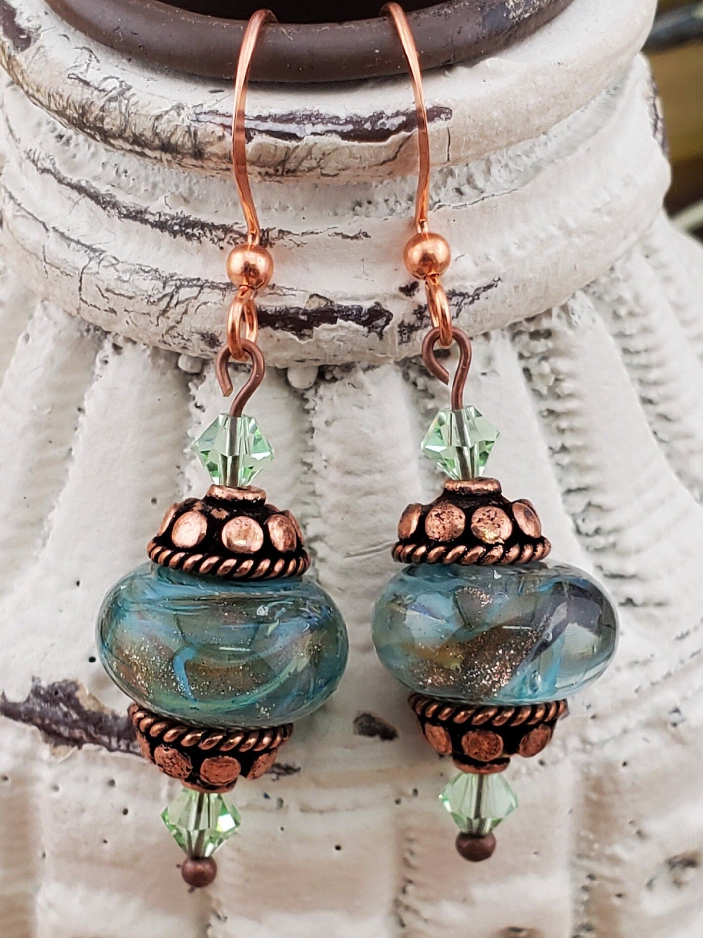 Copper Looking Glass Artisan Glass Earrings, Lampwork Glass Bead handcrafted by a talented artisan, Copper Earring Wire