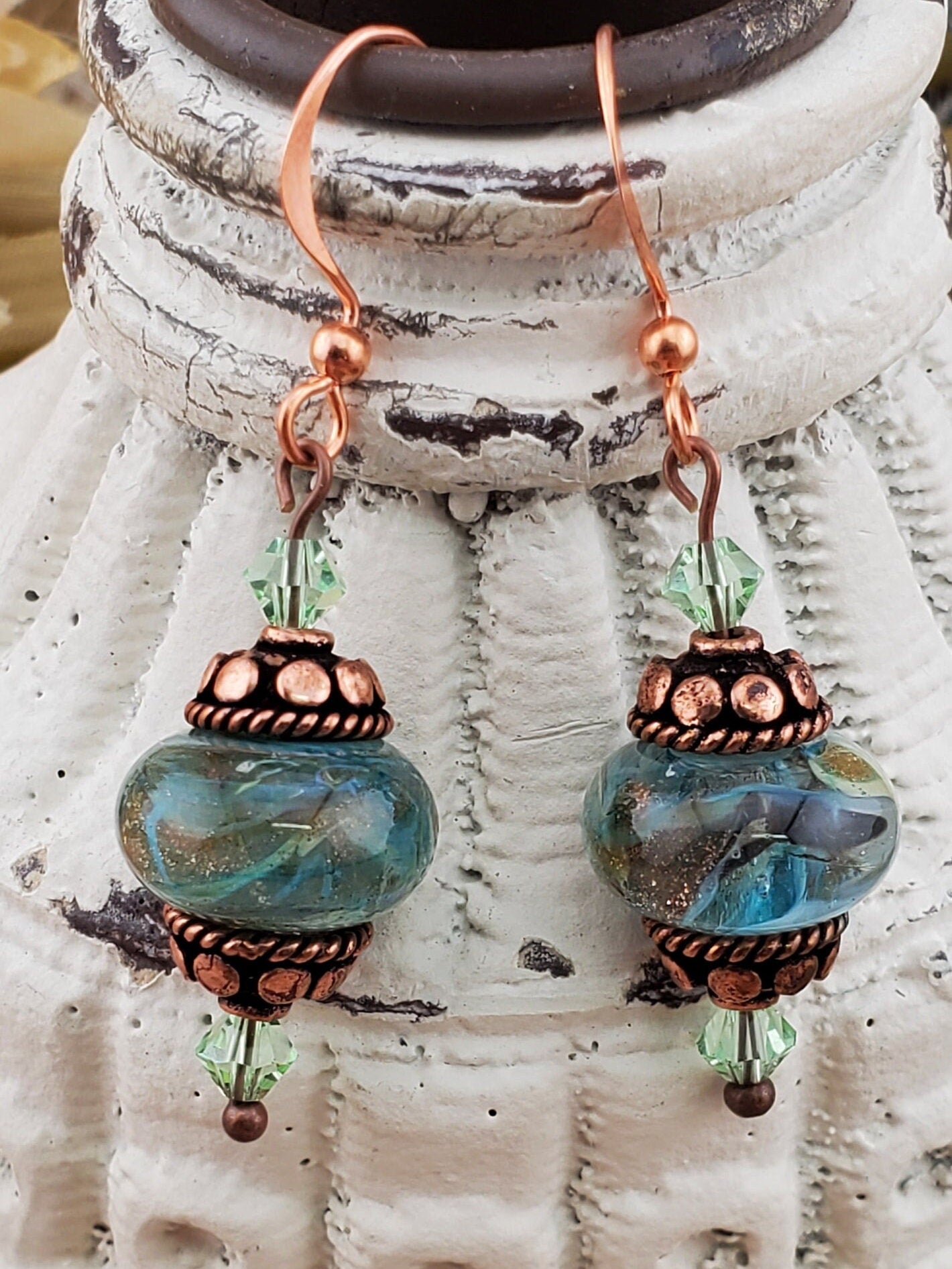 Copper Looking Glass Artisan Glass Earrings, Lampwork Glass Bead handcrafted by a talented artisan, Copper Earring Wire