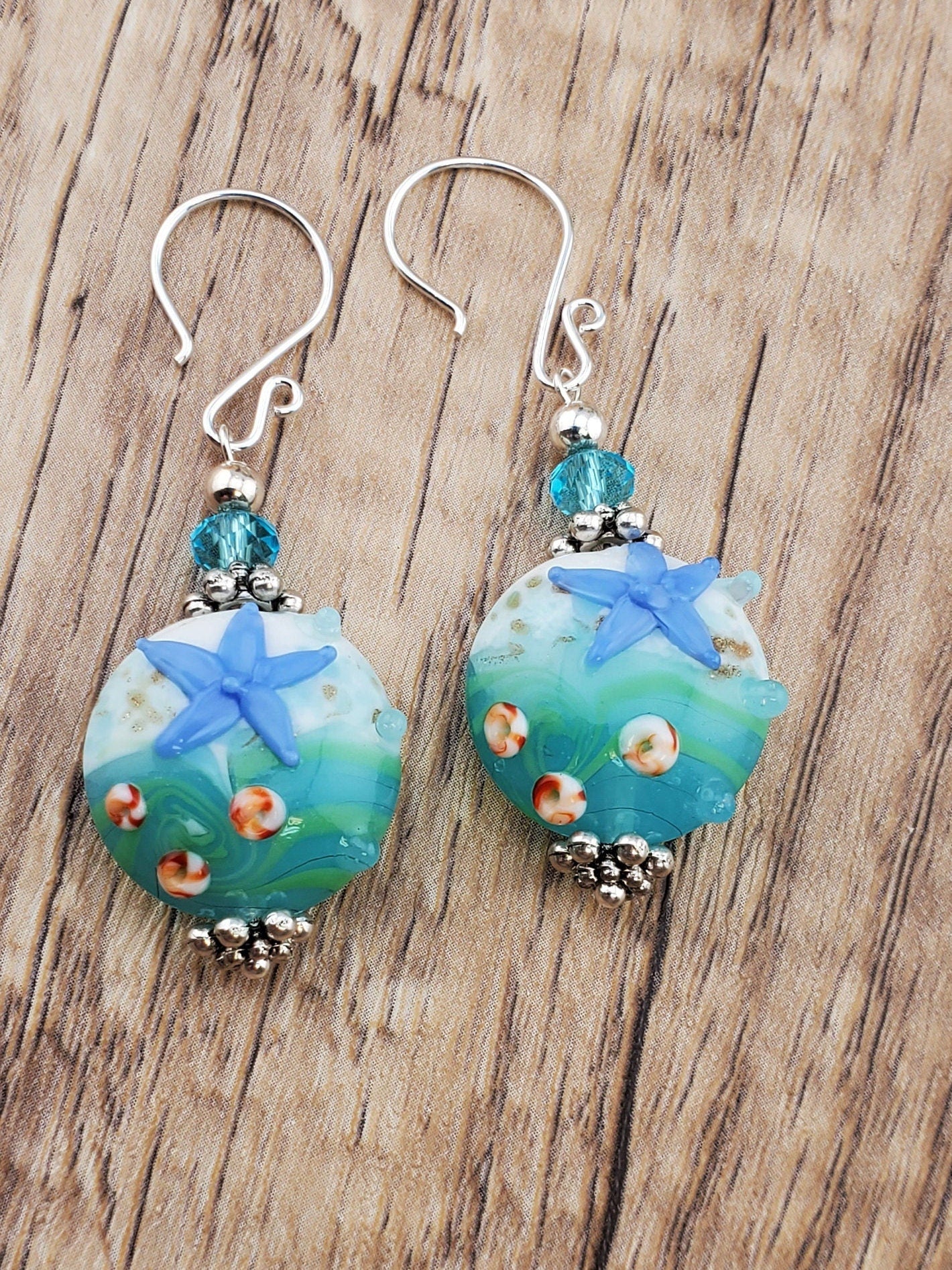 Sea you soon Artisan Glass Earrings, Lampwork Glass Bead handcrafted by a talented artisan, Silver Filled Earring Wire