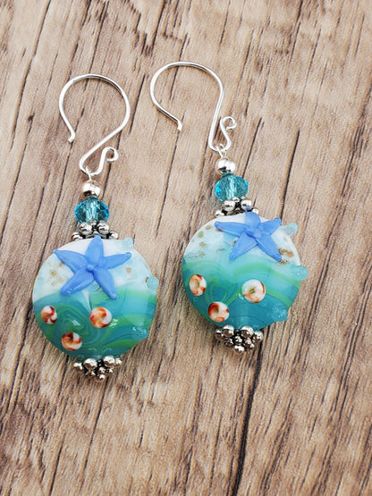 Sea you soon Artisan Glass Earrings, Lampwork Glass Bead handcrafted by a talented artisan, Silver Filled Earring Wire