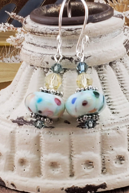 Cue the Confetti Artisan Glass Earrings, Lampwork Glass Bead handcrafted by a talented artisan, Silver Filled Earring Wire