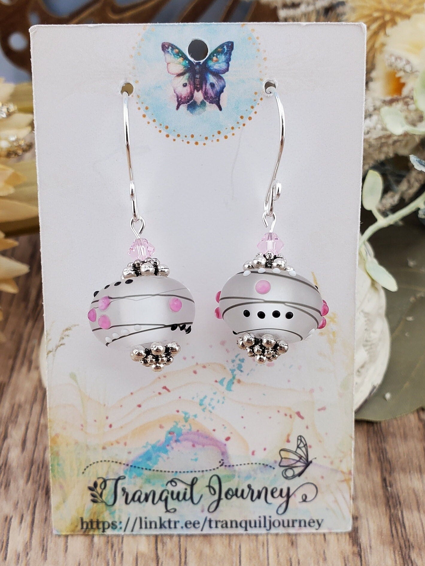 Galaxy Pink Artisan Glass Earrings, Lampwork Glass Bead handcrafted by a talented artisan, Silver Filled Earring Wire