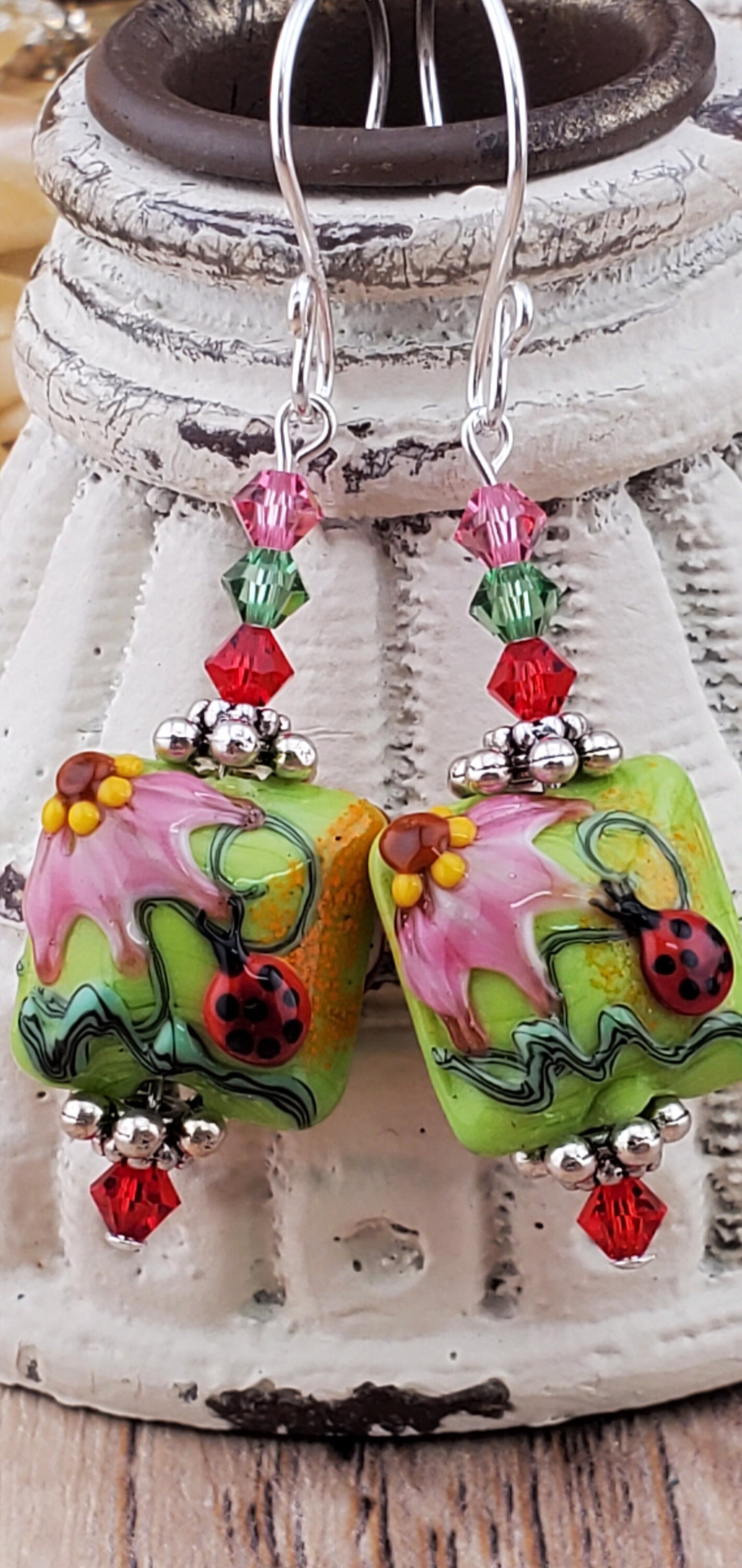 Love Bug Artisan Glass Earrings, Lampwork Glass Bead handcrafted by a talented artisan, Silver Filled Earring Wire