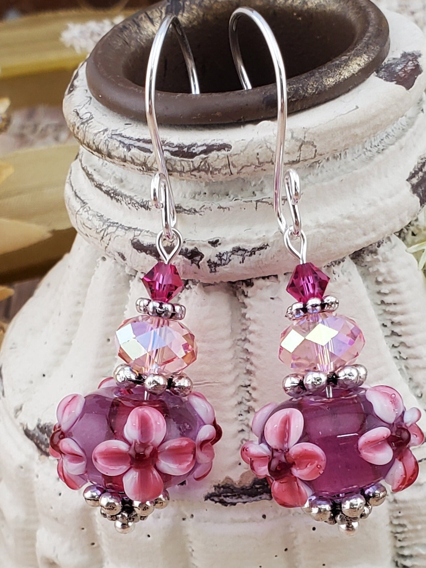 Pink Power Artisan Glass Earrings, Lampwork Glass Bead handcrafted by a talented artisan, Silver Filled Earring Wire