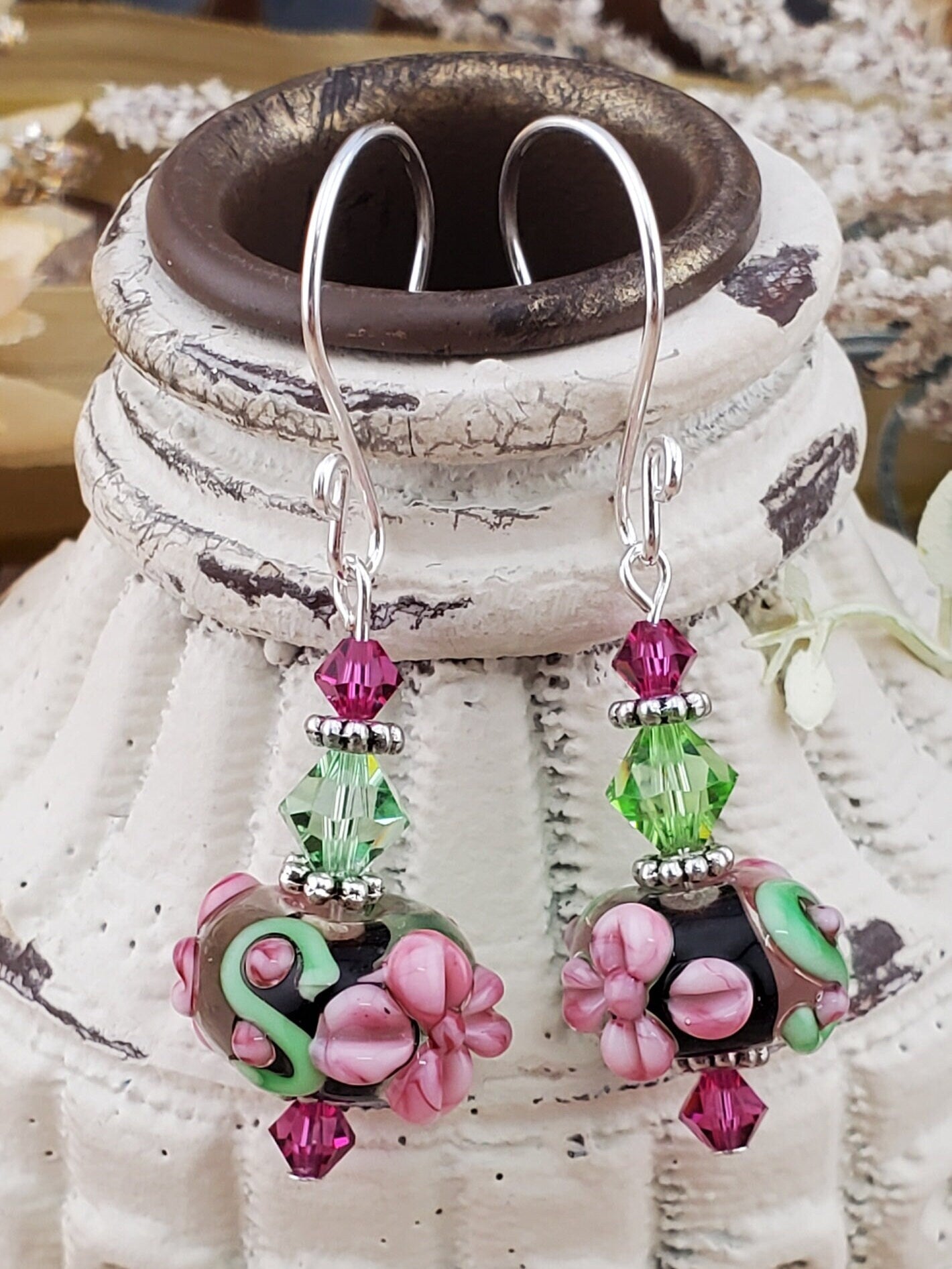 Ohana Artisan Glass Earrings, Lampwork Glass Bead handcrafted by a talented artisan, Silver Filled Earring Wire