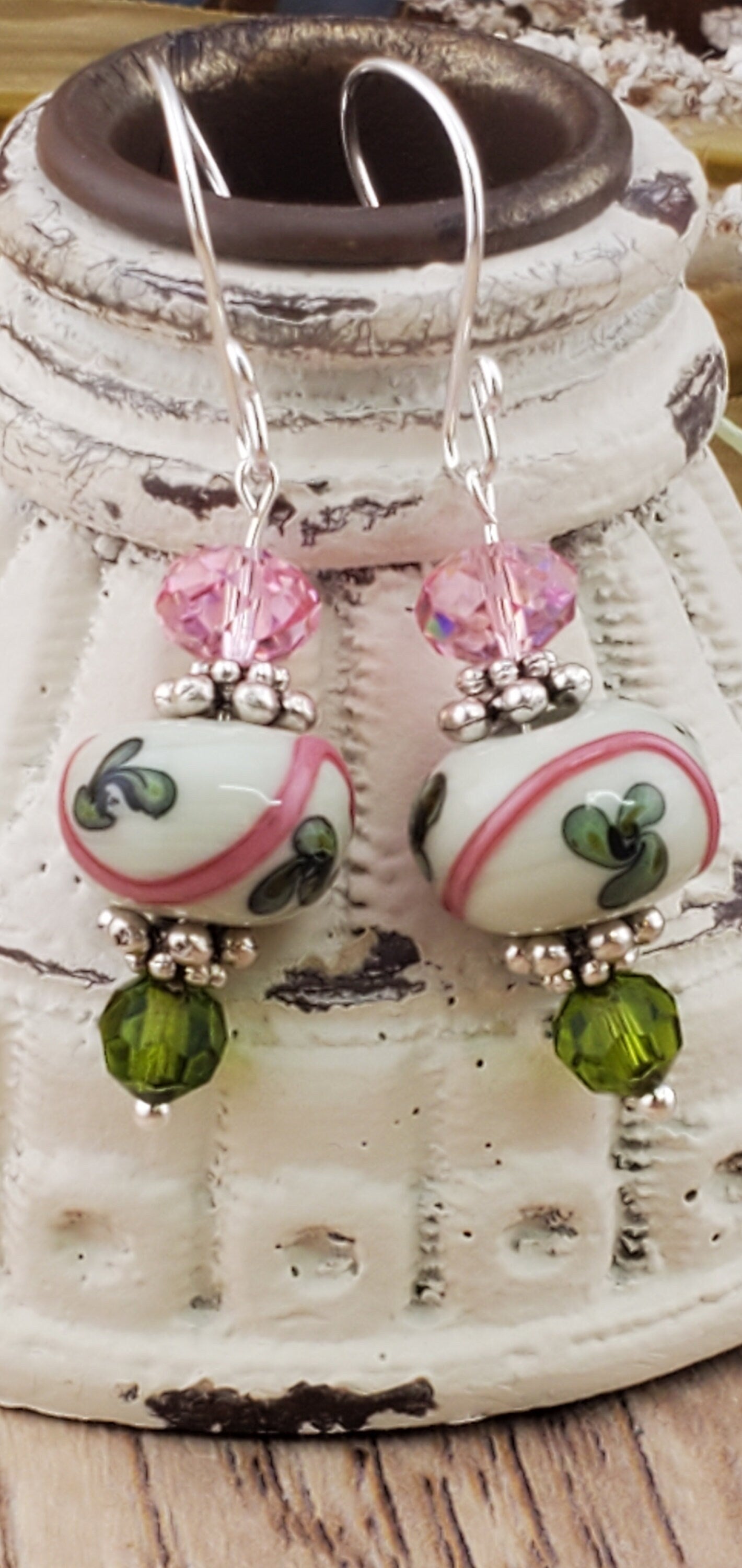 Ivy Lace Artisan Glass Earrings, Lampwork Glass Bead handcrafted by a talented artisan, Silver Filled Earring Wire