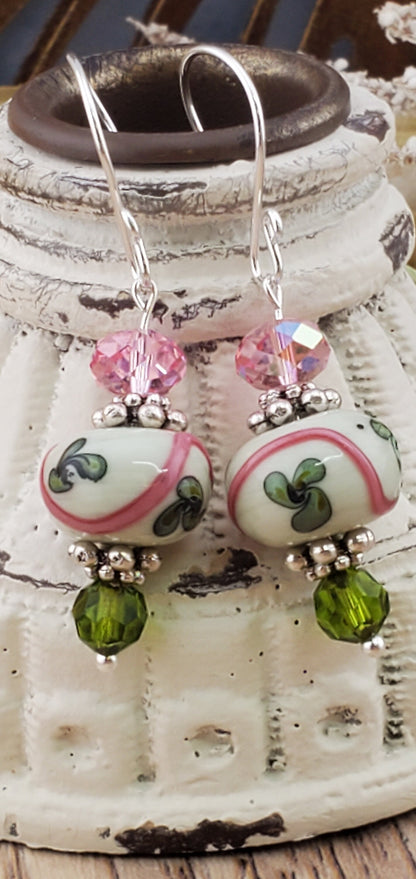 Ivy Lace Artisan Glass Earrings, Lampwork Glass Bead handcrafted by a talented artisan, Silver Filled Earring Wire