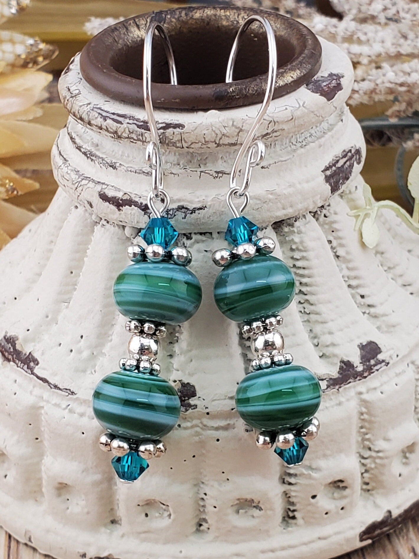 Be-Leaf in yourself Artisan Glass Earrings, Lampwork Glass Bead handcrafted by a talented artisan, Silver Filled Earring Wire