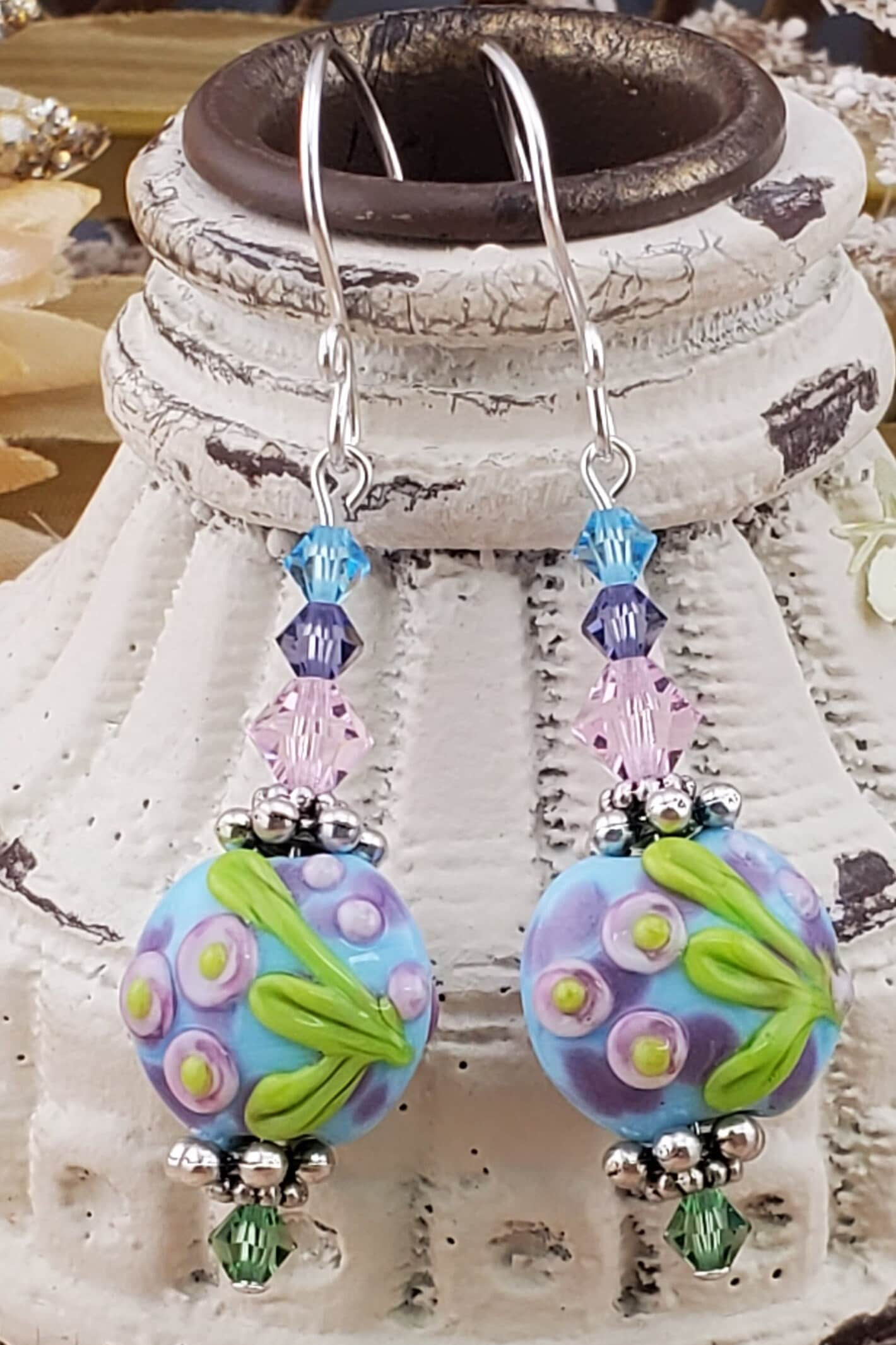 Tiptoe through the Tulips Artisan Glass Earrings, Lampwork Glass Bead handcrafted by a talented artisan, Silver Filled Earring Wire