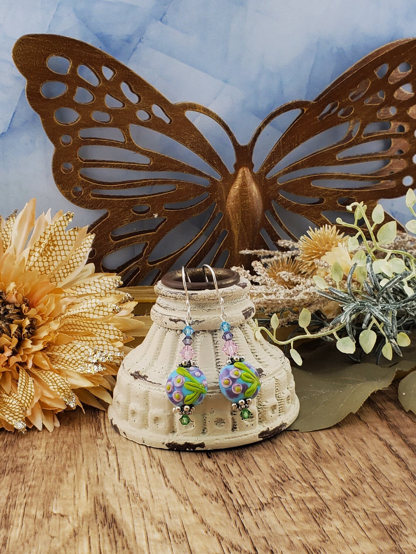 Tiptoe through the Tulips Artisan Glass Earrings, Lampwork Glass Bead handcrafted by a talented artisan, Silver Filled Earring Wire