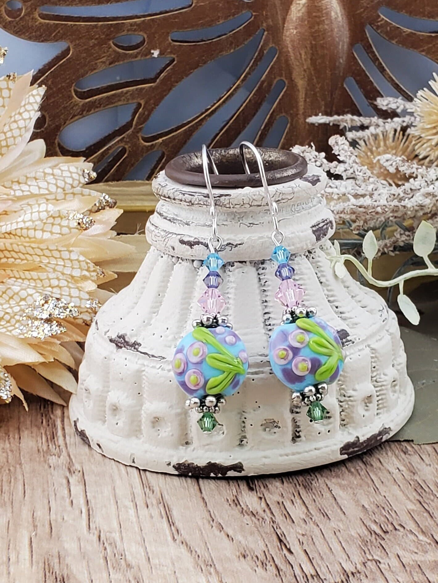 Tiptoe through the Tulips Artisan Glass Earrings, Lampwork Glass Bead handcrafted by a talented artisan, Silver Filled Earring Wire