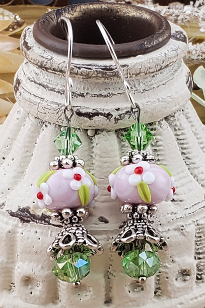 Let Love Bloom Artisan Glass Earrings, Lampwork Glass Bead handcrafted by a talented artisan, Silver Filled Earring Wire