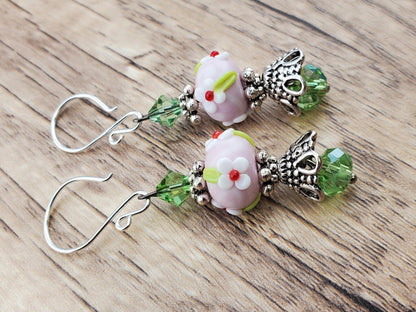 Let Love Bloom Artisan Glass Earrings, Lampwork Glass Bead handcrafted by a talented artisan, Silver Filled Earring Wire