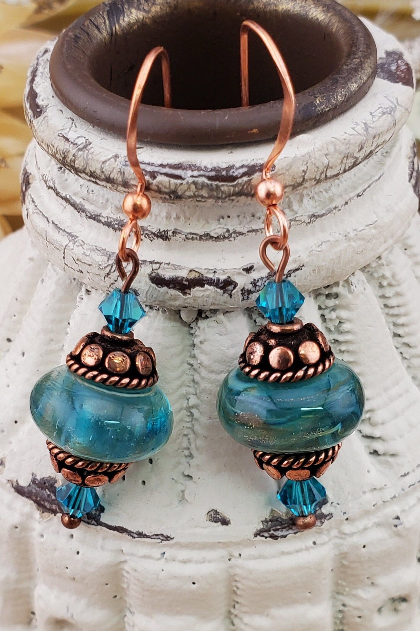 Make today Magical Artisan Glass Earrings, Lampwork Glass Bead handcrafted by a talented artisan, Copper Earring Wire