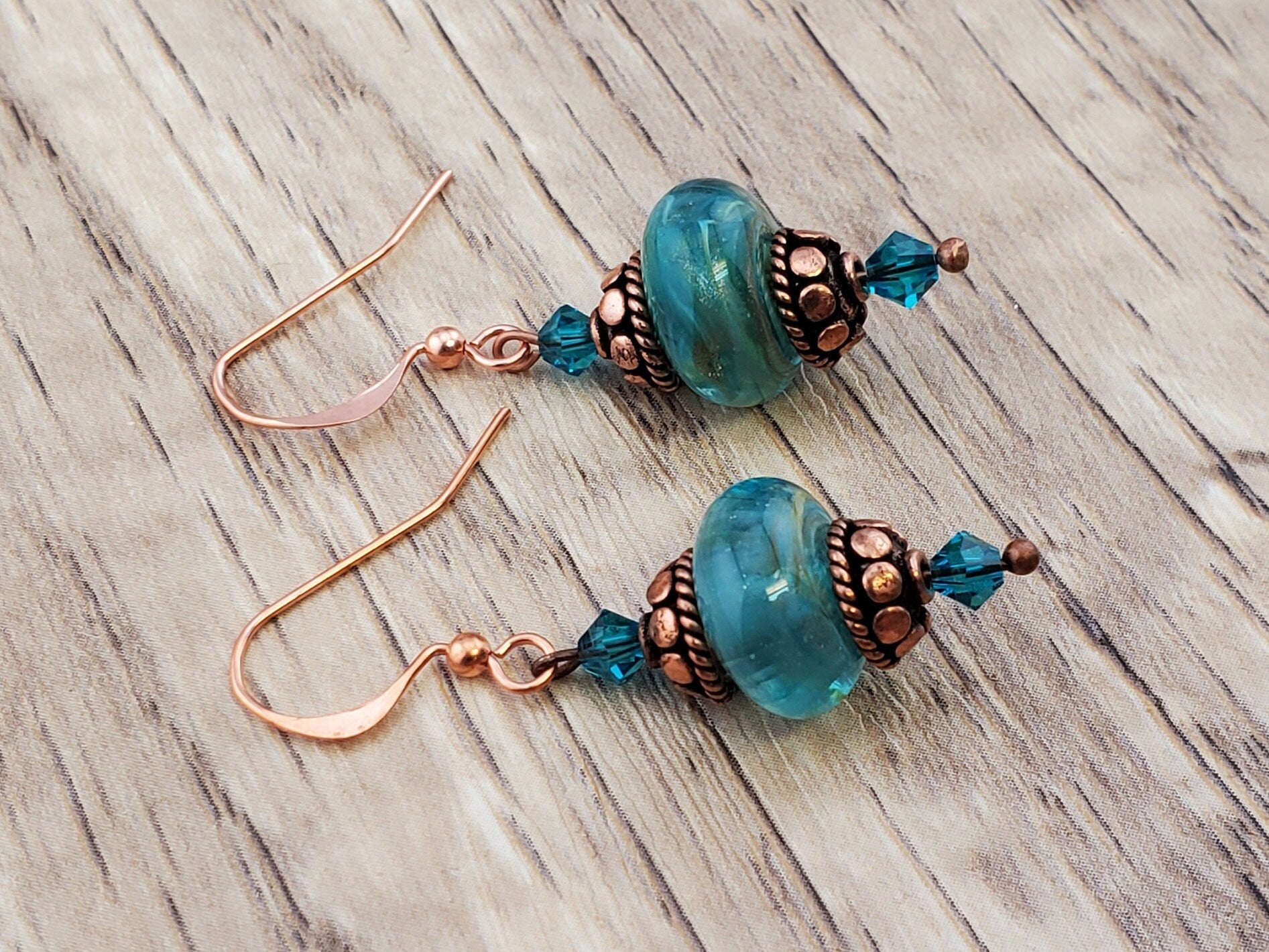 Colorful Lampwork Bead Earrings. Artisan Glass Disc Beads. Glass Bead Headpins. Coral Teal shops Dangle Earrings. Glass Bead Jewelry.