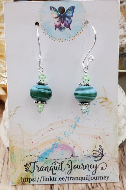 Green with envy Artisan Glass Earrings, Lampwork Glass Bead handcrafted by a talented artisan, Silver Filled Earring Wire