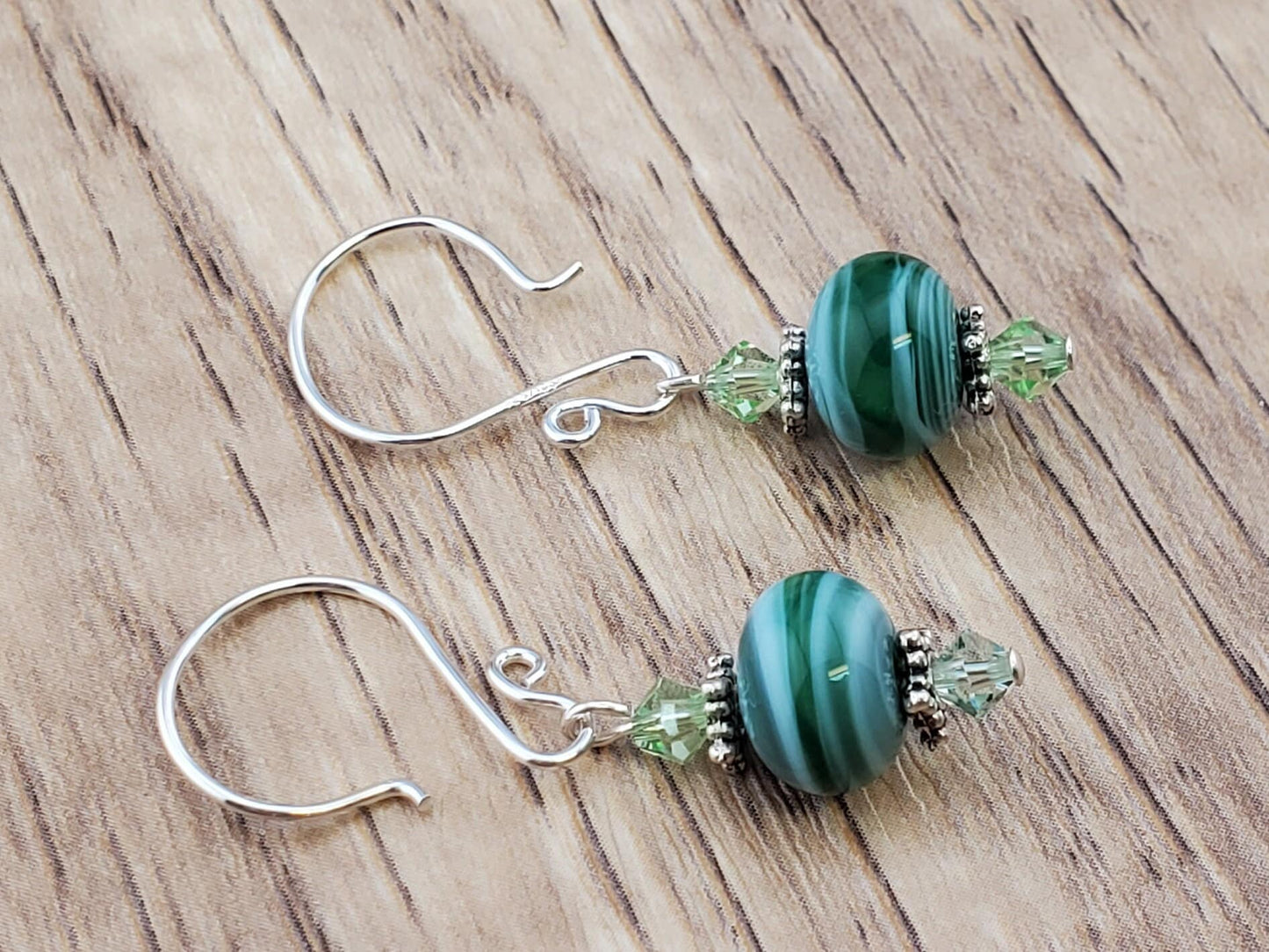 Green with envy Artisan Glass Earrings, Lampwork Glass Bead handcrafted by a talented artisan, Silver Filled Earring Wire