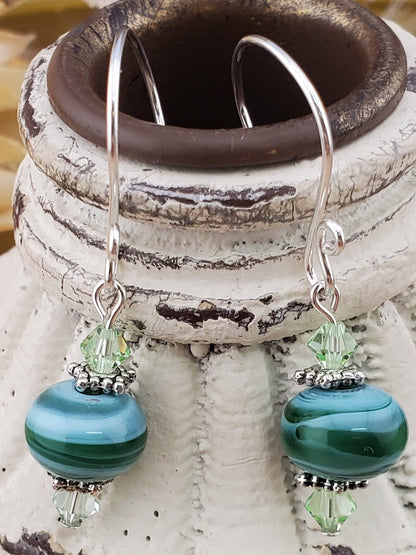 Green with envy Artisan Glass Earrings, Lampwork Glass Bead handcrafted by a talented artisan, Silver Filled Earring Wire