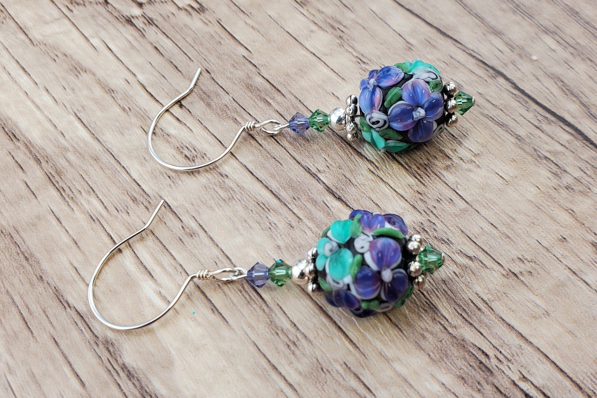 Tranquil Bliss Artisan Glass Earrings, Lampwork Glass Bead handcrafted by an artisan, Sterling Silver Earring Wire