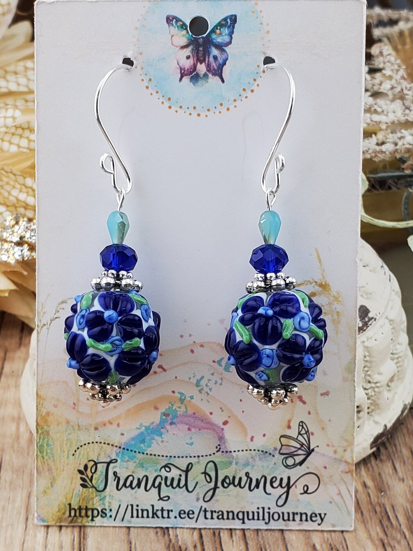 Blue Bonnett Artisan Glass Earrings, Lampwork Glass Bead handcrafted by a talented artisan, Silver Filled Earring Wire