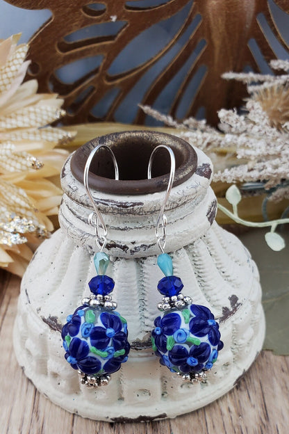 Blue Bonnett Artisan Glass Earrings, Lampwork Glass Bead handcrafted by a talented artisan, Silver Filled Earring Wire