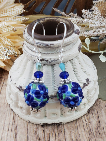 Blue Bonnett Artisan Glass Earrings, Lampwork Glass Bead handcrafted by a talented artisan, Silver Filled Earring Wire