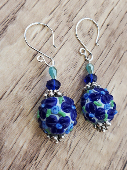 Blue Bonnett Artisan Glass Earrings, Lampwork Glass Bead handcrafted by a talented artisan, Silver Filled Earring Wire