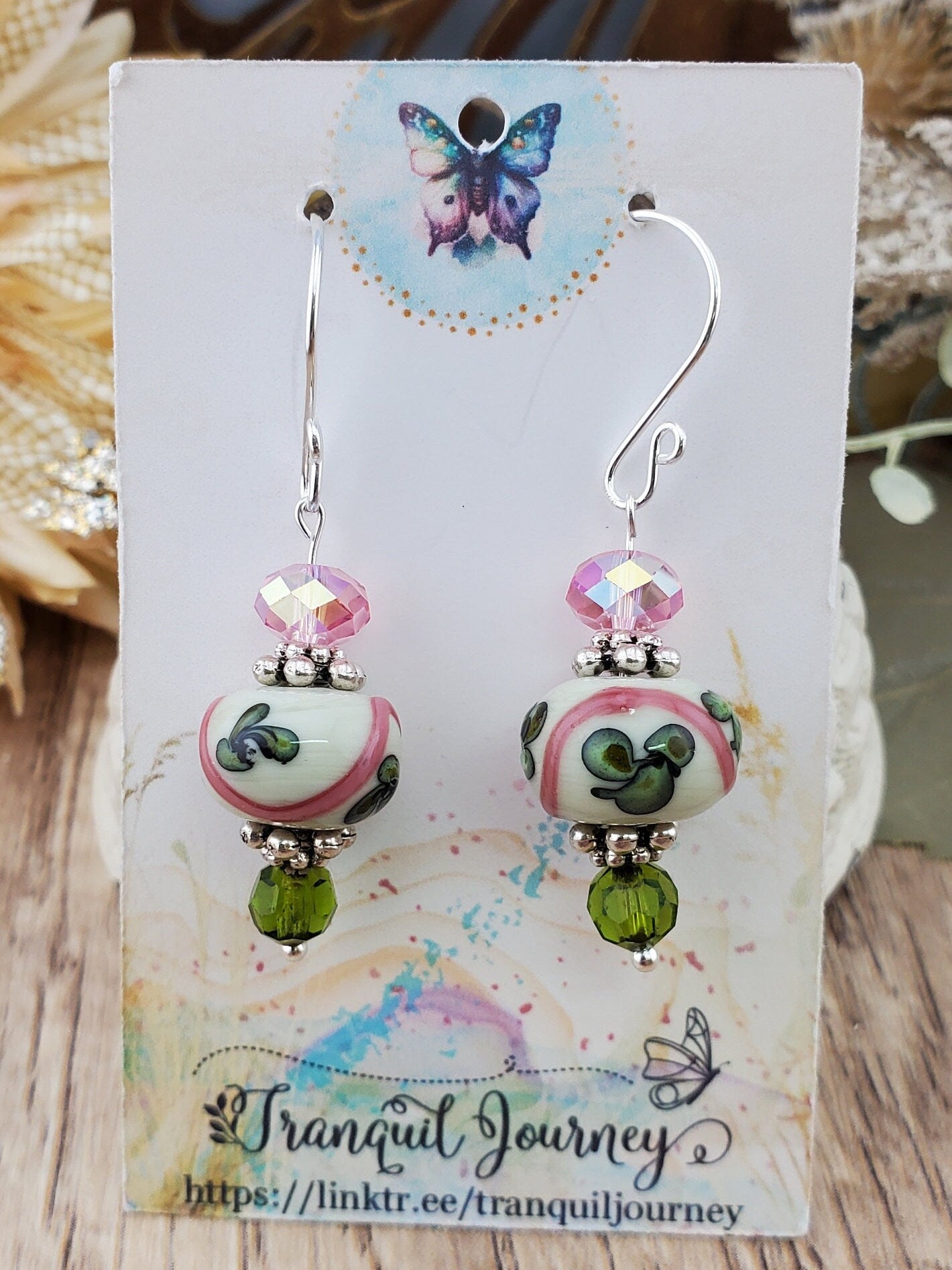 Ivy Lace Artisan Glass Earrings, Lampwork Glass Bead handcrafted by a talented artisan, Silver Filled Earring Wire