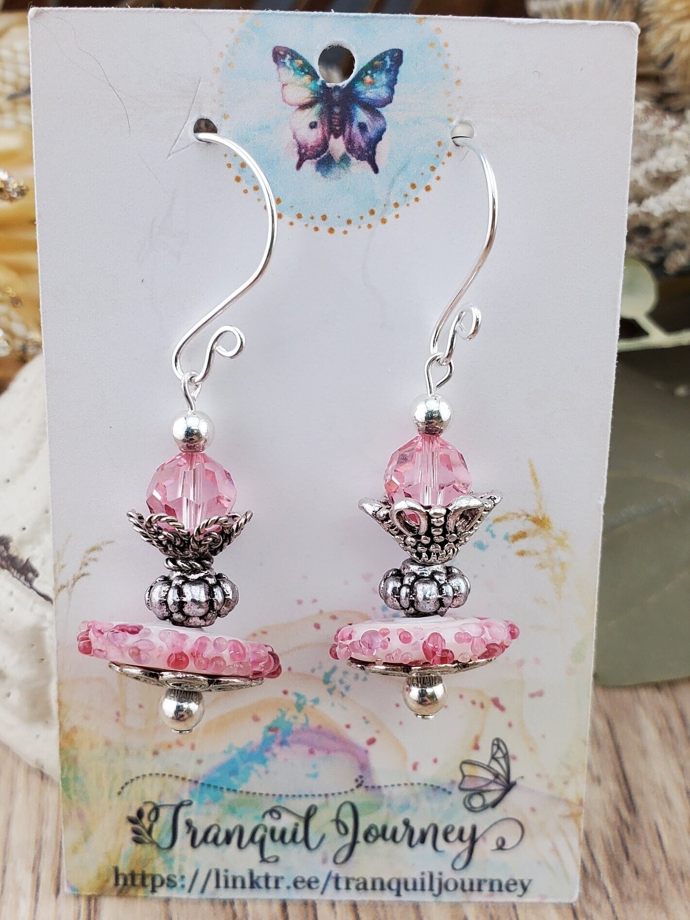 Fountain of Love Artisan Glass Earrings, Lampwork Glass Bead handcrafted by a talented artisan, Silver Filled Earring Wire