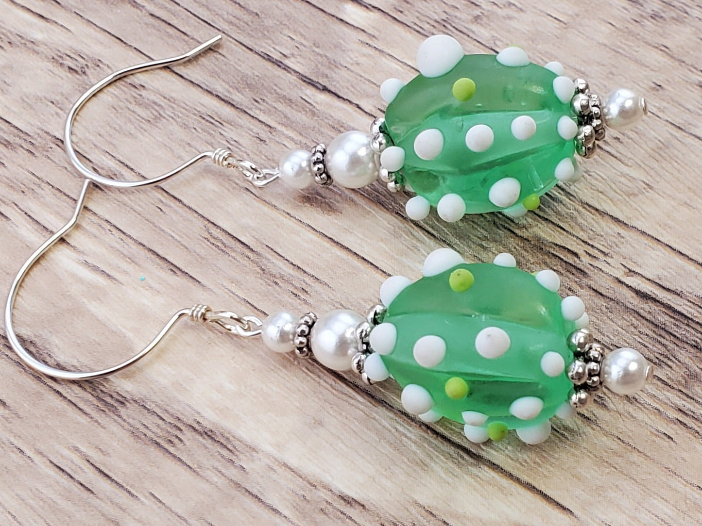 Prickly Pear Artisan Glass Earrings, Lampwork Glass Bead by a talented artisan, Sterling Silver Earring Wire