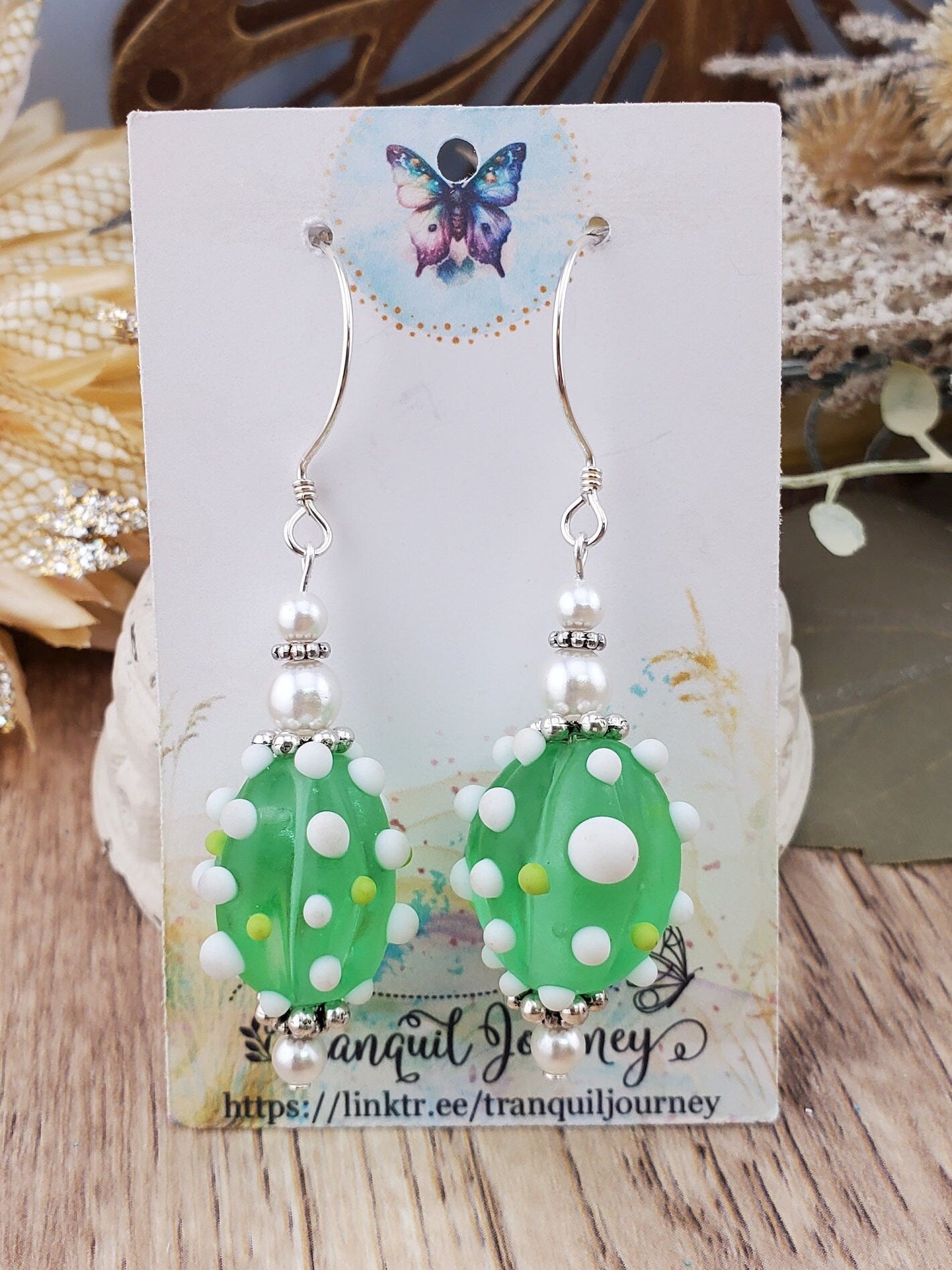 Prickly Pear Artisan Glass Earrings, Lampwork Glass Bead by a talented artisan, Sterling Silver Earring Wire