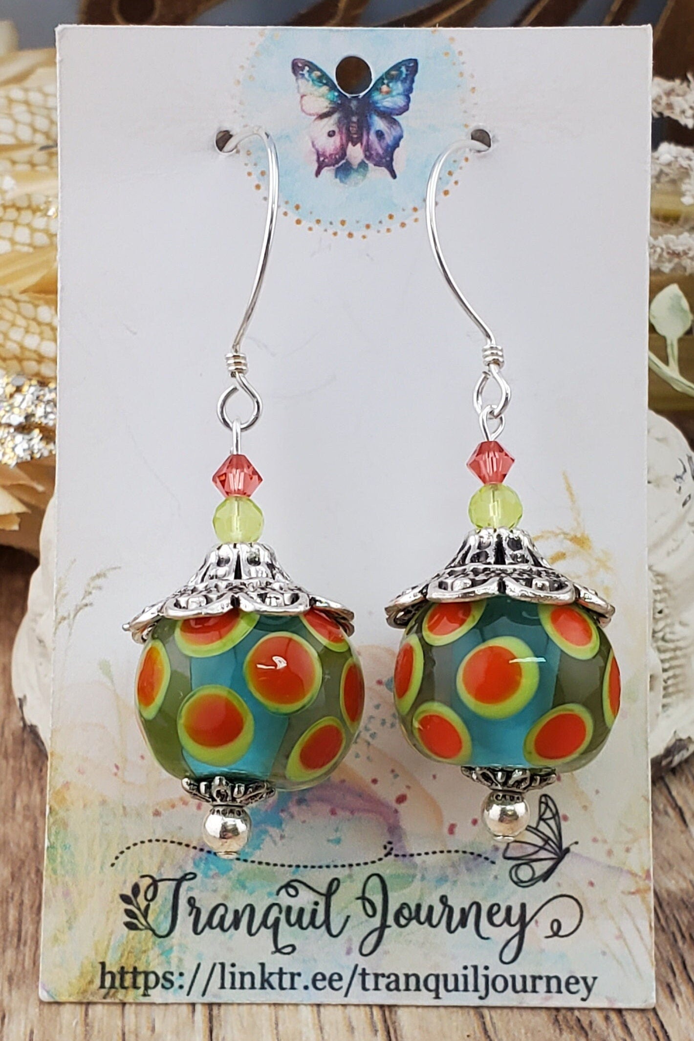 Joyous Carnivale Artisan Glass Earrings, Lampwork Glass Bead by a talented artisan, Sterling Silver Earring Wire