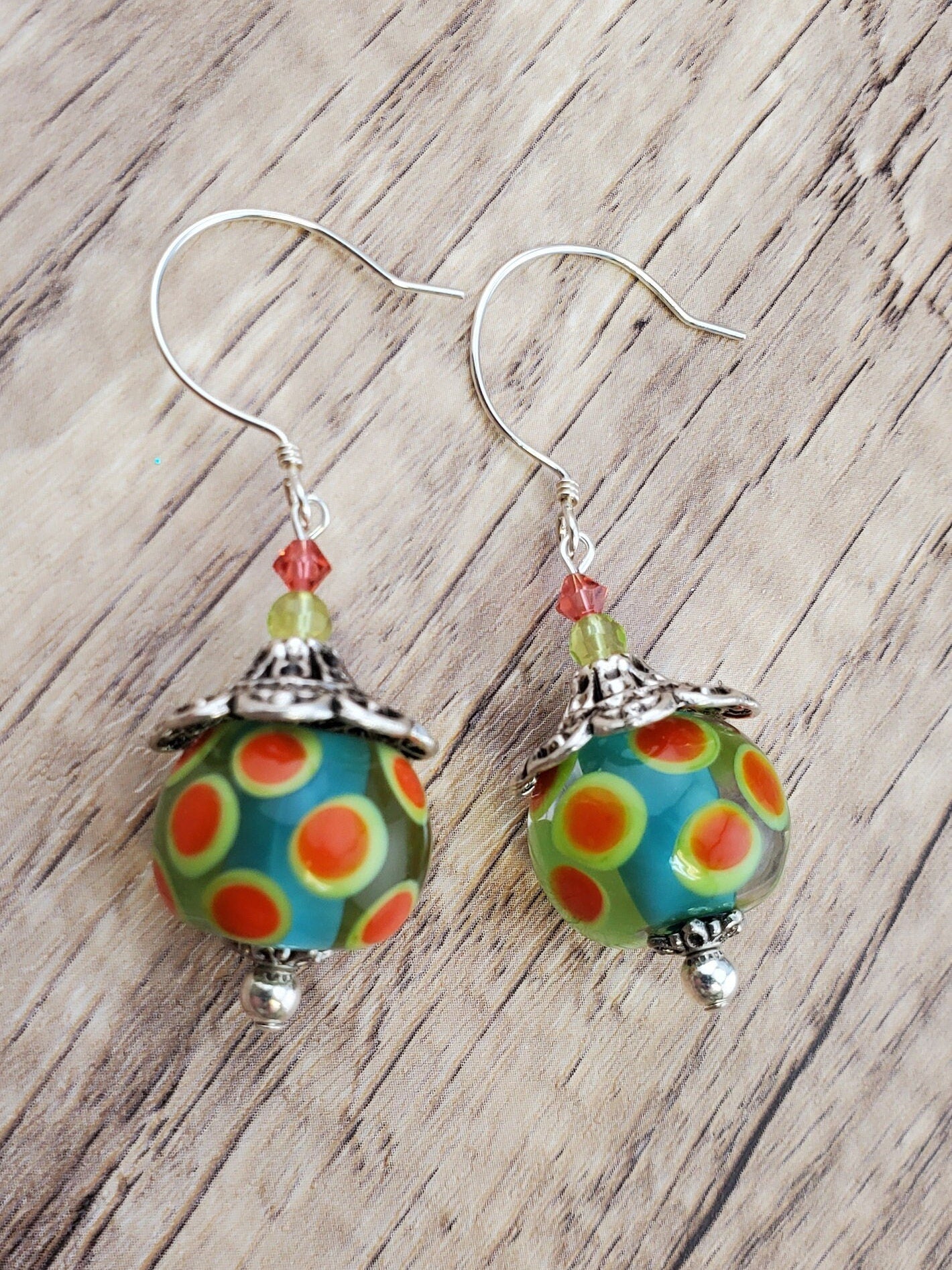 Joyous Carnivale Artisan Glass Earrings, Lampwork Glass Bead by a talented artisan, Sterling Silver Earring Wire