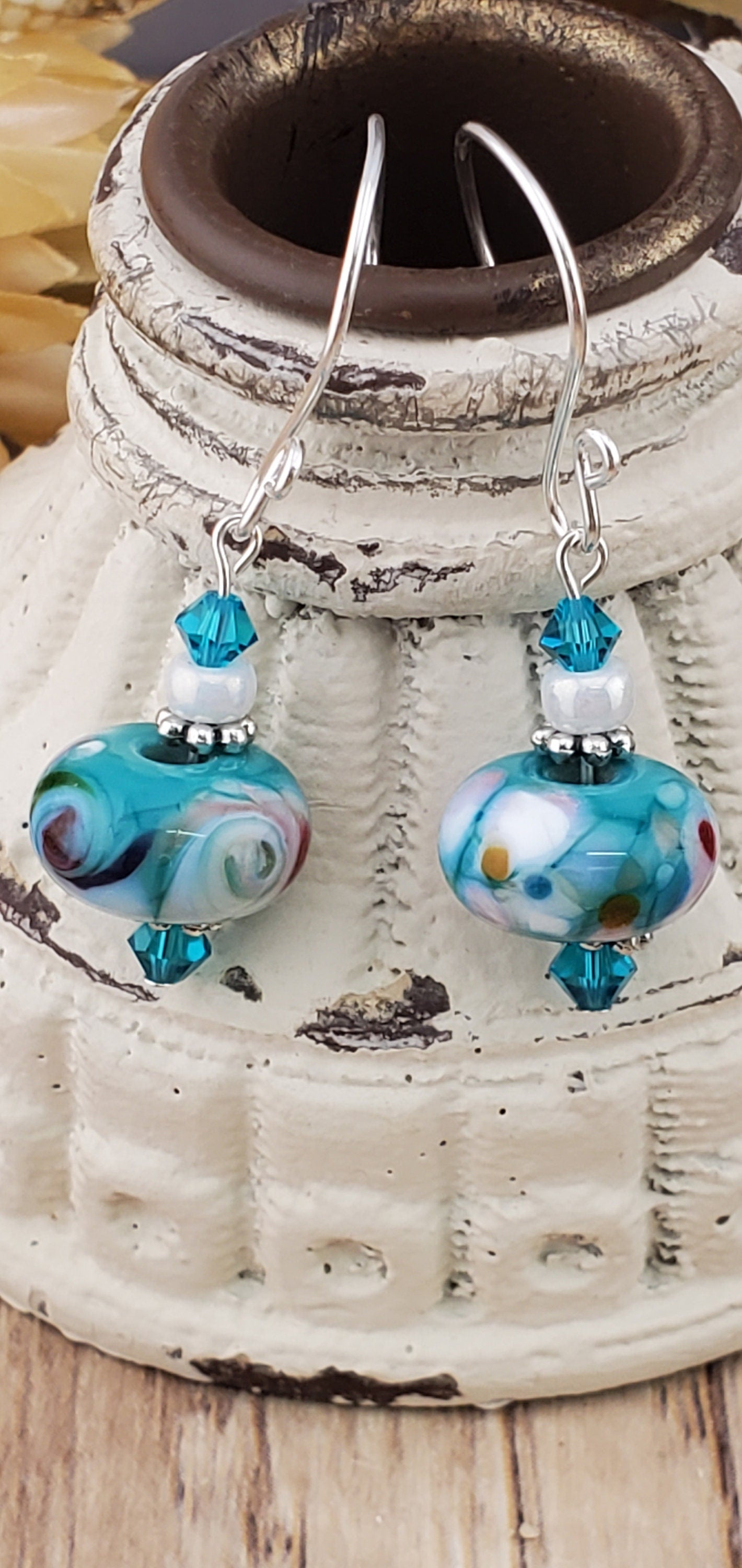 Feeling Blue Artisan Glass Earrings, Lampwork Glass Bead handcrafted by a talented artisan, Silver Filled Earring Wire