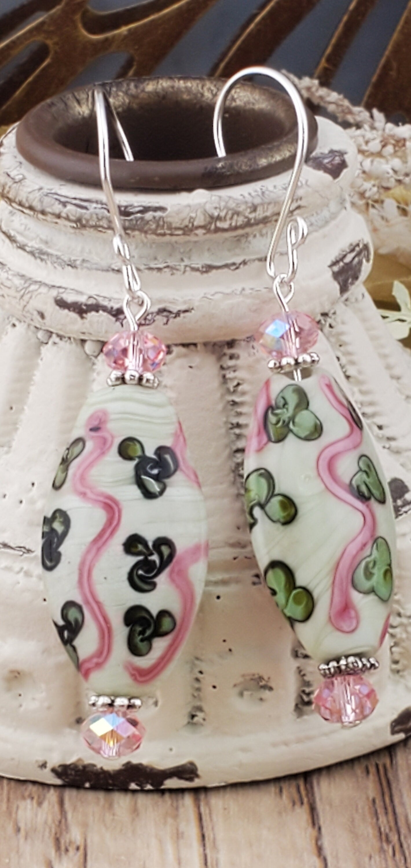 Garden Delight Artisan Glass Earrings, Lampwork Glass Bead handcrafted by a talented artisan, Silver Filled Earring Wire