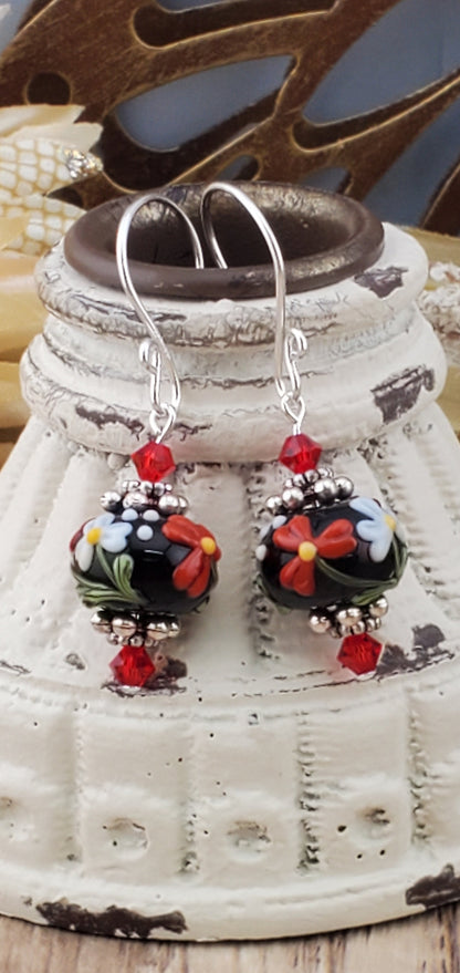 Fiery Red Artisan Glass Earrings, Lampwork Glass Bead handcrafted by a talented artisan, Silver Filled Earring Wire